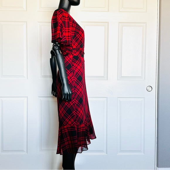 Ralph Lauren red plaid chiffon dress belted flatter short sleeve size 2 - Picture 9 of 14